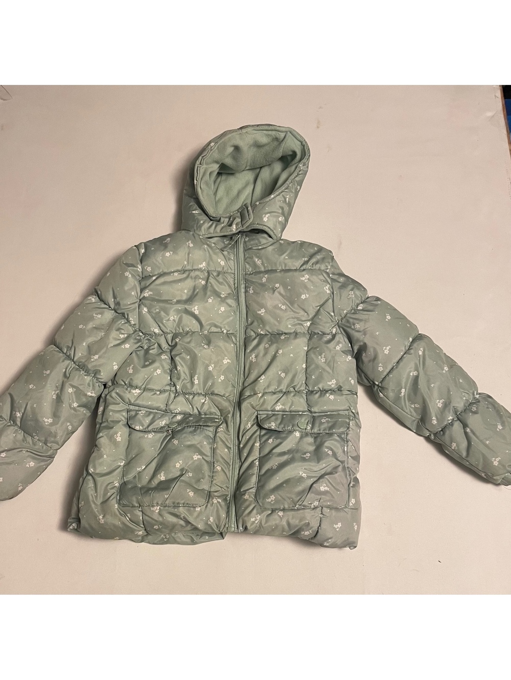 Pink Platinum Girls' Hooded Puffer Jacket Size 10/12 Light Green Floral